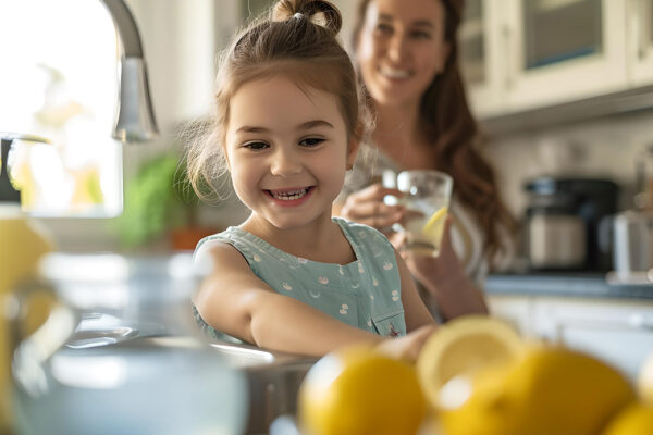 A young girl filling a pitcher with water as her mom stands behind her